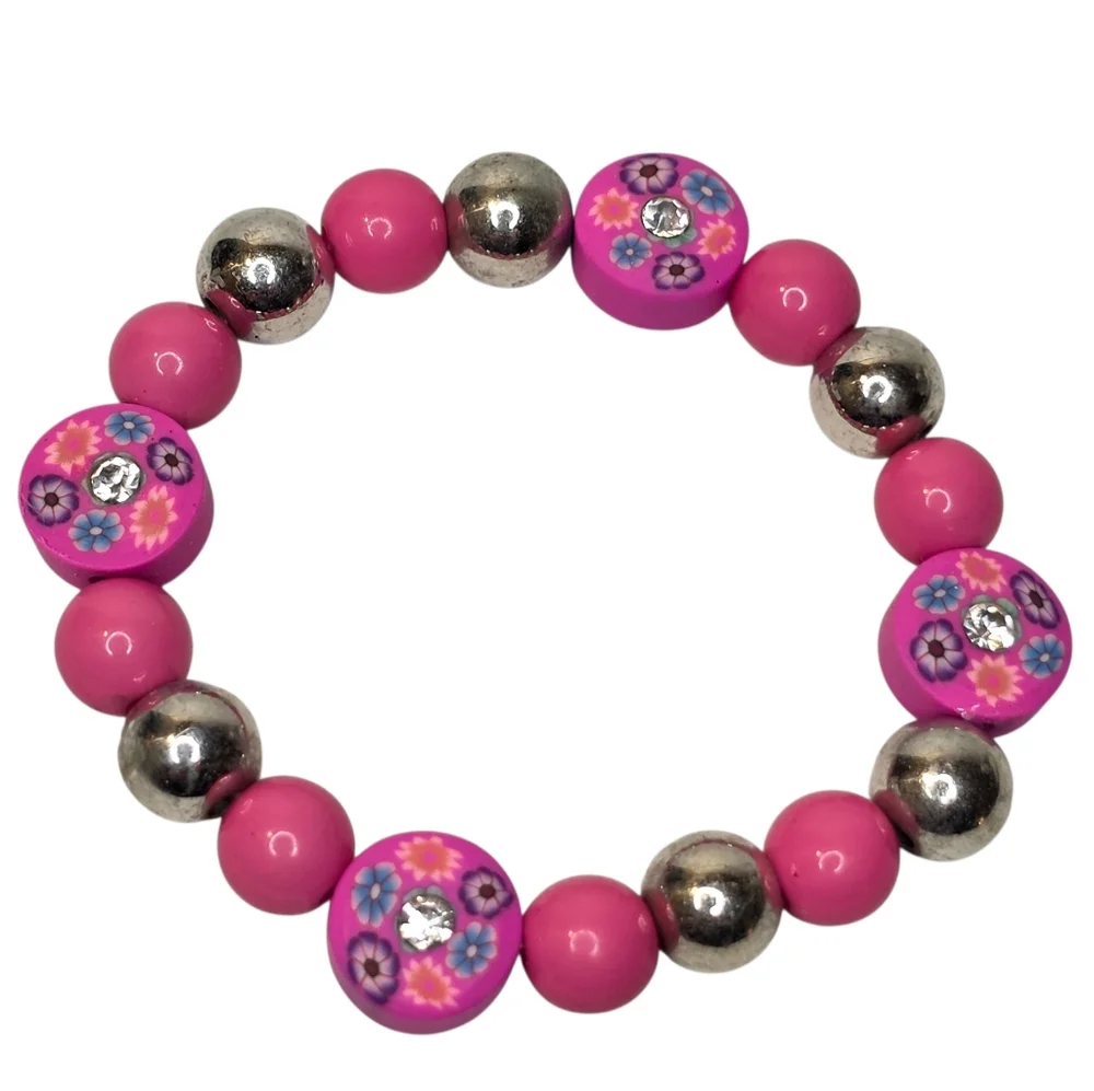 Bright Pink & Silver Beaded Little Girls Fashion Jewelry Kids Size Bracelet